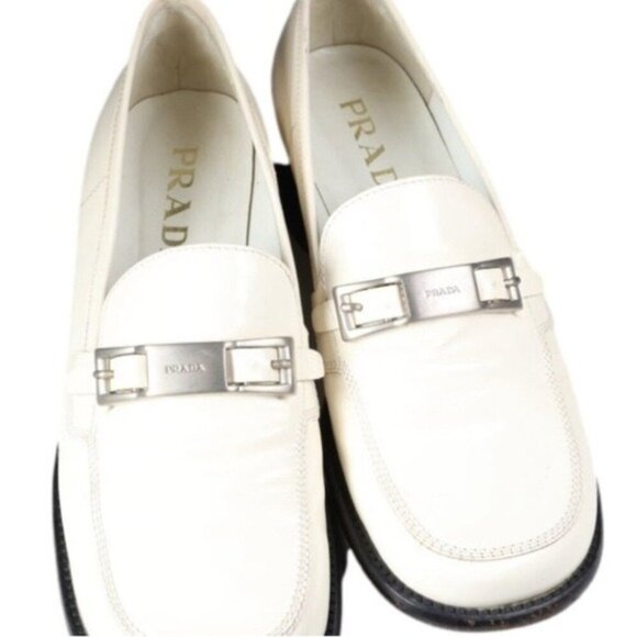 Prada Women's Off-White Leather Loafers With Silver Buckle  Size 37.5 (US 7) - Picture 2 of 7